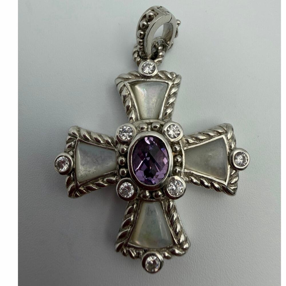 Judith Ripka Sterling Silver Mother Of Pearl Amethyst Maltese Cross Pendant